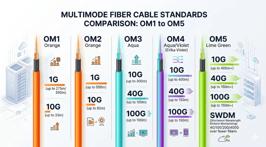 OM1 vs OM2 vs OM3 vs OM4 vs OM5 multimode fiber comparison for 10G 40G and 100G networks OM1 vs OM2 vs OM3 vs OM4 vs OM5 multimode fiber comparison for 10G 40G and 100G networks