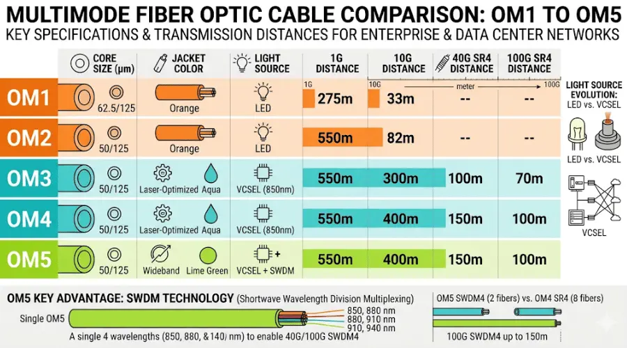 Comparison chart of OM1 OM2 OM3 OM4 and OM5 multimode fiber specifications and Ethernet distances