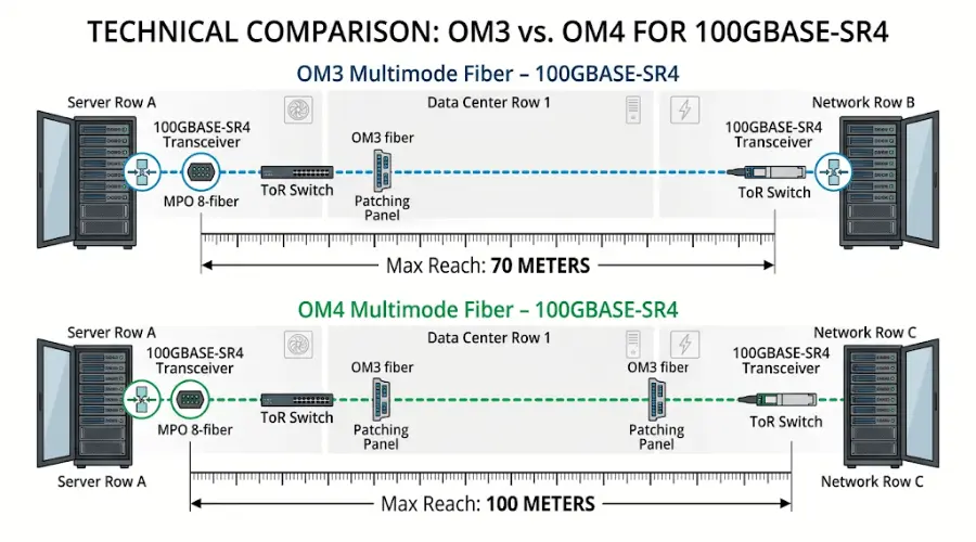 OM3 vs OM4 distance comparison for 100GBASE-SR4 in a data center environment