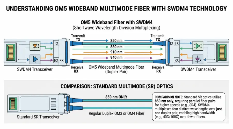 OM5 wideband multimode fiber and SWDM transmission over a duplex fiber pair
