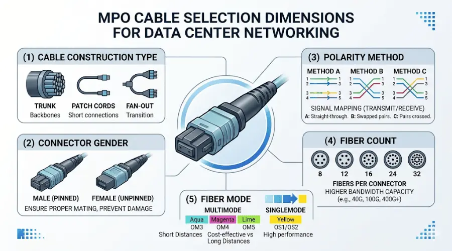 Overview infographic showing the five key factors for choosing the right MPO cable: construction type, connector gender, polarity, fiber count, and fiber mode