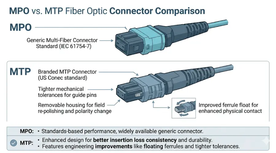 Side-by-side comparison of MPO and MTP connectors showing structural differences and performance features