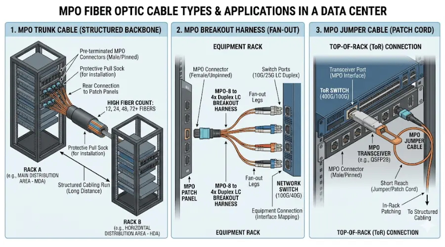 Diagram showing the differences between MPO trunk cables, MPO breakout harness cables, and MPO jumper cables