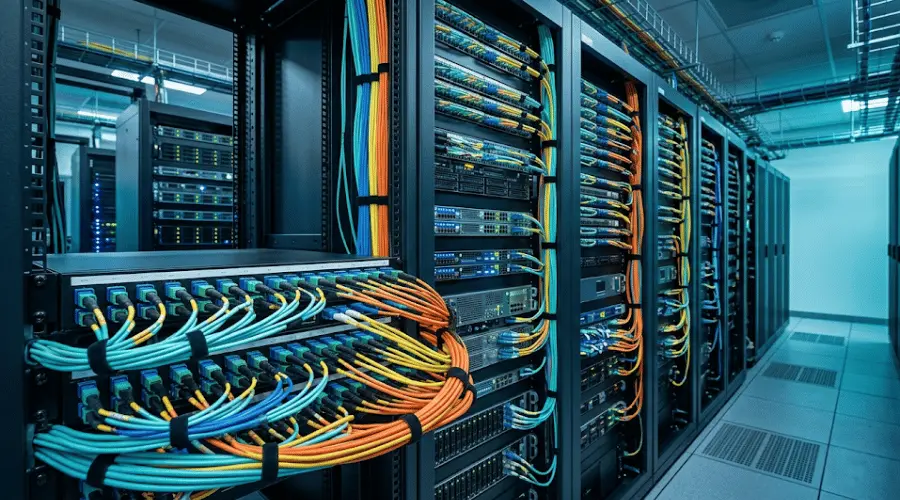 MPO fiber optic connectors used in a high-density data center cabling environment MPO fiber optic connectors used in a high-density data center cabling environment