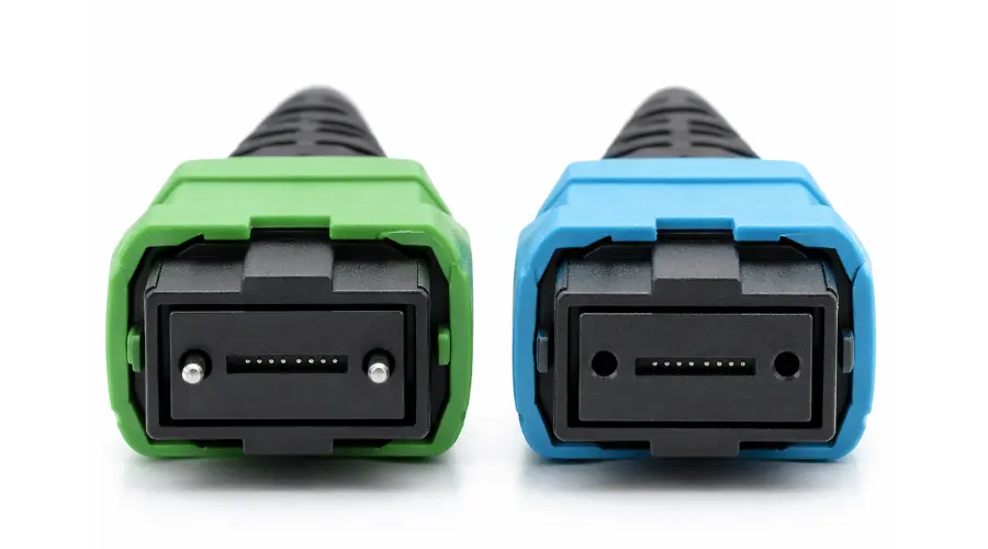 Male and female MPO connectors showing guide pins and guide holes