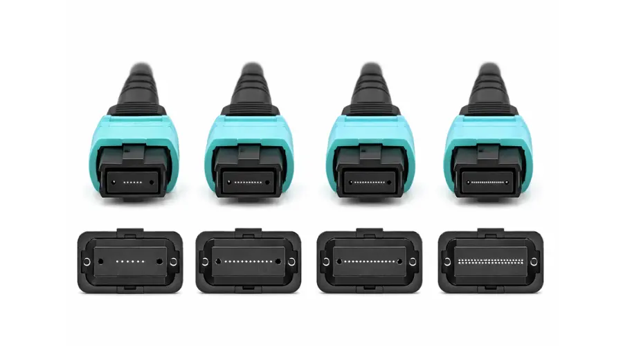 APC and UPC MPO connectors showing angled and flat end-face polish types
