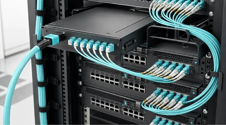 MPO to LC breakout cassette used in a structured data center cabling system