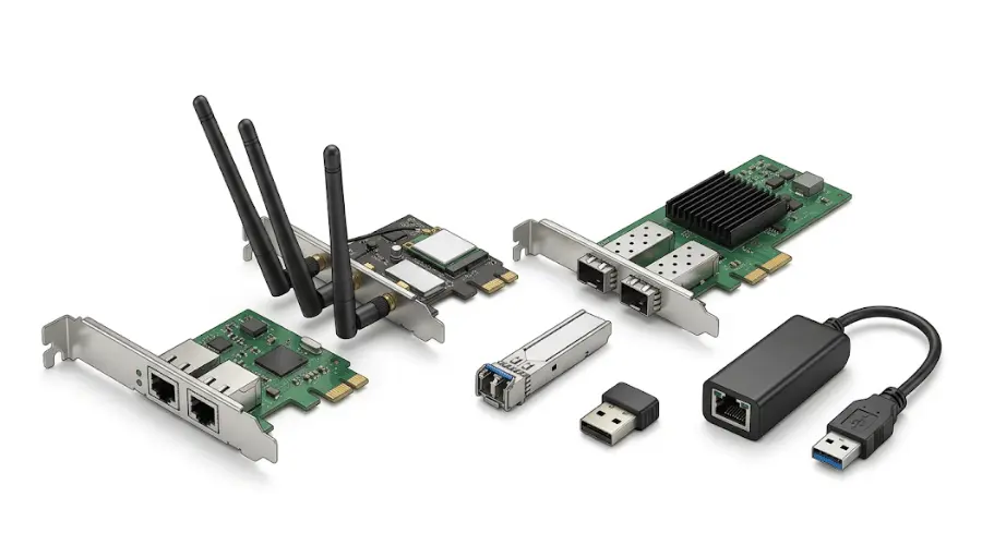 Different types of network adapters including PCIe NIC, USB adapter, Wi-Fi adapter, and fiber network card Different types of network adapters including PCIe NIC, USB adapter, Wi-Fi adapter, and fiber network card