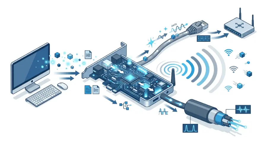 How a network adapter converts device data for Ethernet, Wi-Fi, and fiber transmission