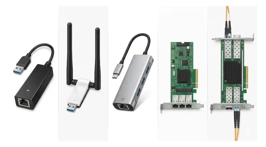 Common types of network adapters including Ethernet, Wi-Fi, USB, PCIe, and fiber NICs Common types of network adapters including Ethernet, Wi-Fi, USB, PCIe, and fiber NICs