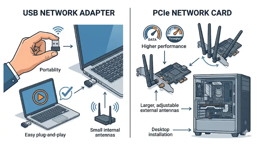 Built-in network adapter versus external USB and PCIe network adapter upgrade options