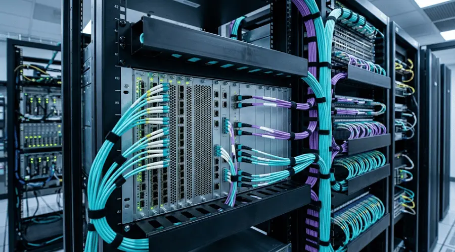 OM4 multimode fiber cables used in a high-density data center rack