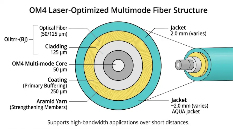 OM4 fiber core and cladding structure showing 50/125 micron multimode design
