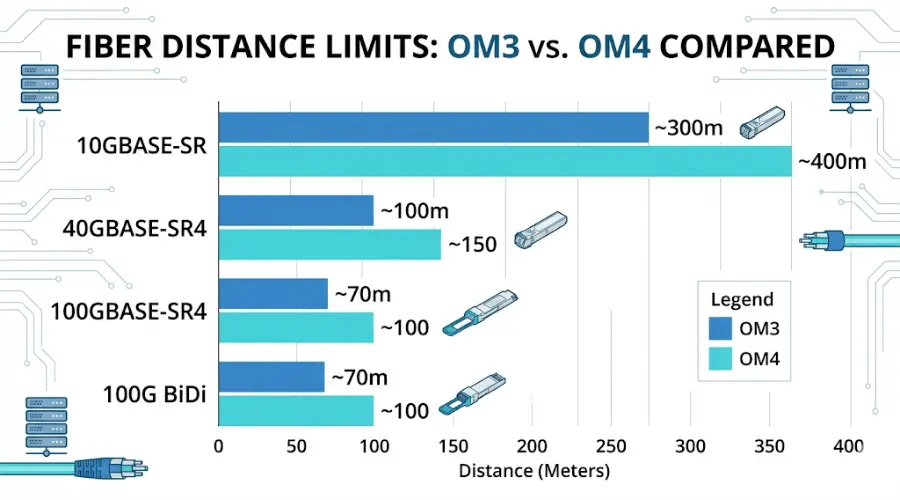 OM3 vs OM4 fiber distance limits for 10G 40G and 100G applications OM3 vs OM4 fiber distance limits for 10G 40G and 100G applications
