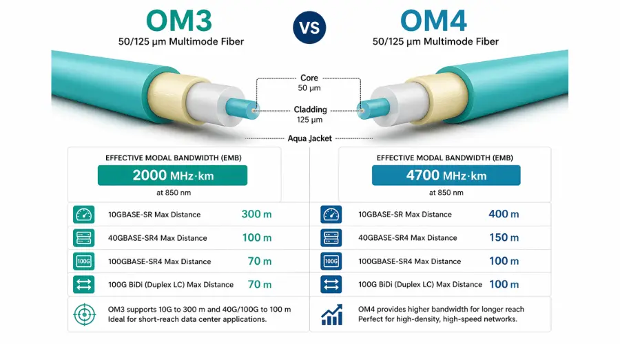OM3 vs OM4 multimode fiber bandwidth comparison