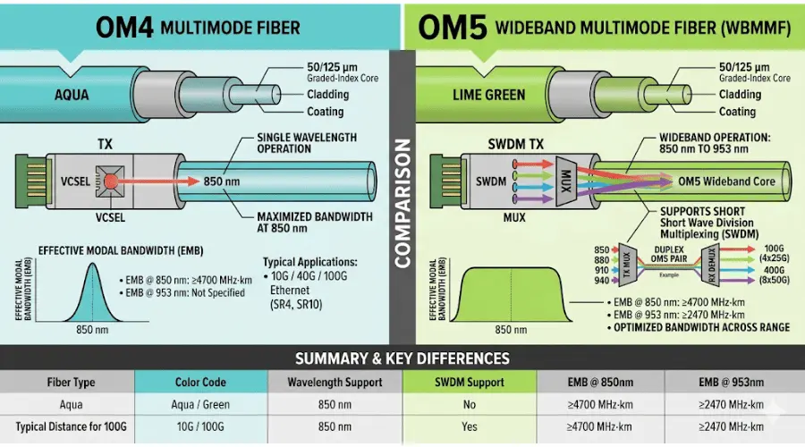 OM4 vs OM5 fiber comparison showing SWDM wavelength support