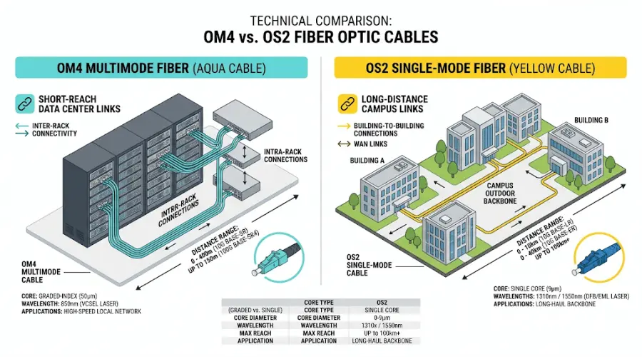 OM4 multimode fiber vs OS2 single-mode fiber distance comparison