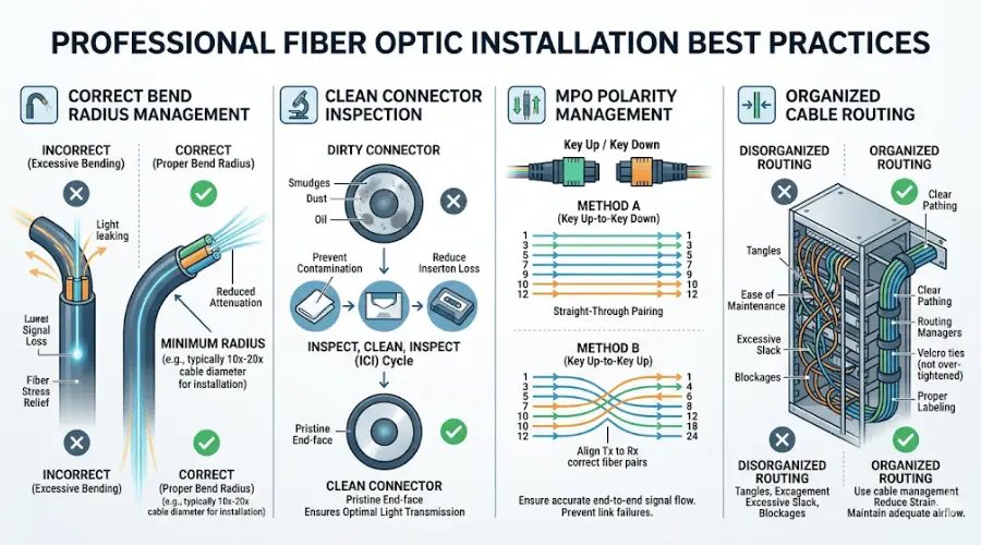 OM4 fiber installation best practices for bend radius cleanliness and polarity OM4 fiber installation best practices for bend radius cleanliness and polarity