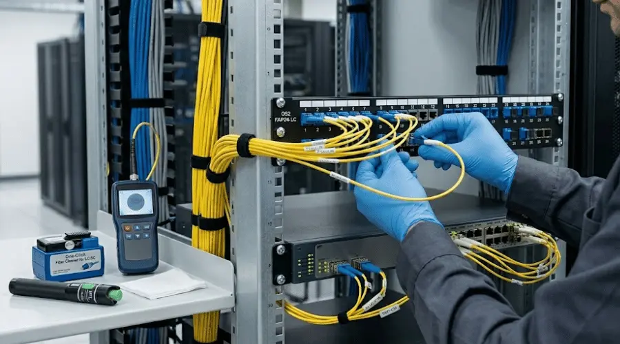 Fiber jumper installation in a data center rack with patch cords, connectors, and cleaning tools