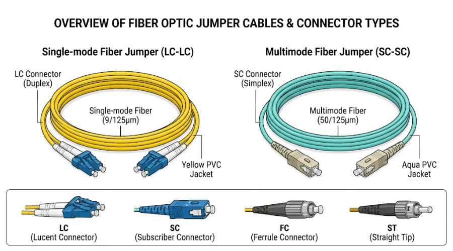 Fiber jumper cable structure with LC SC FC and ST connector examples