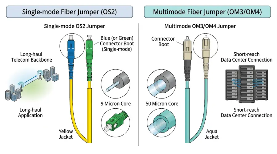 Single-mode OS2 and multimode OM3 OM4 fiber jumper comparison