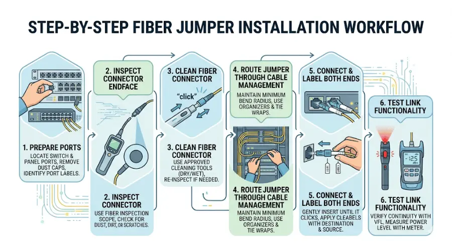 Step-by-step workflow for installing a fiber jumper cable