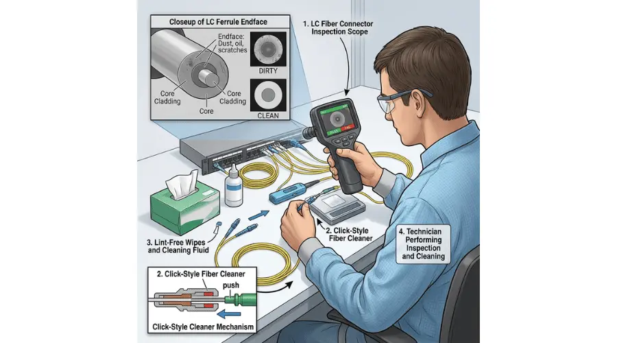 Technician inspecting and cleaning an LC fiber connector before connection
