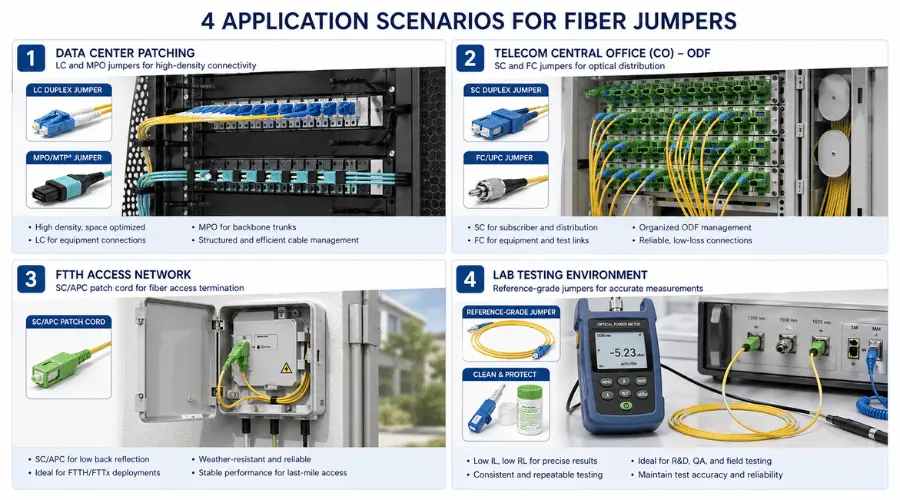 Fiber jumper applications in data centers telecom ODF FTTH and lab testing Fiber jumper applications in data centers telecom ODF FTTH and lab testing
