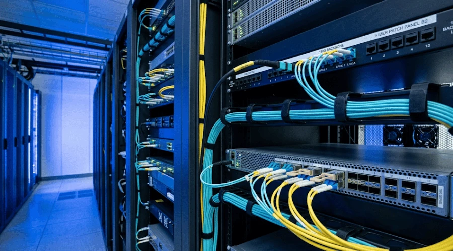 100G fiber optic cable link with QSFP28 transceivers in a data center 100G fiber optic cable link with QSFP28 transceivers in a data center