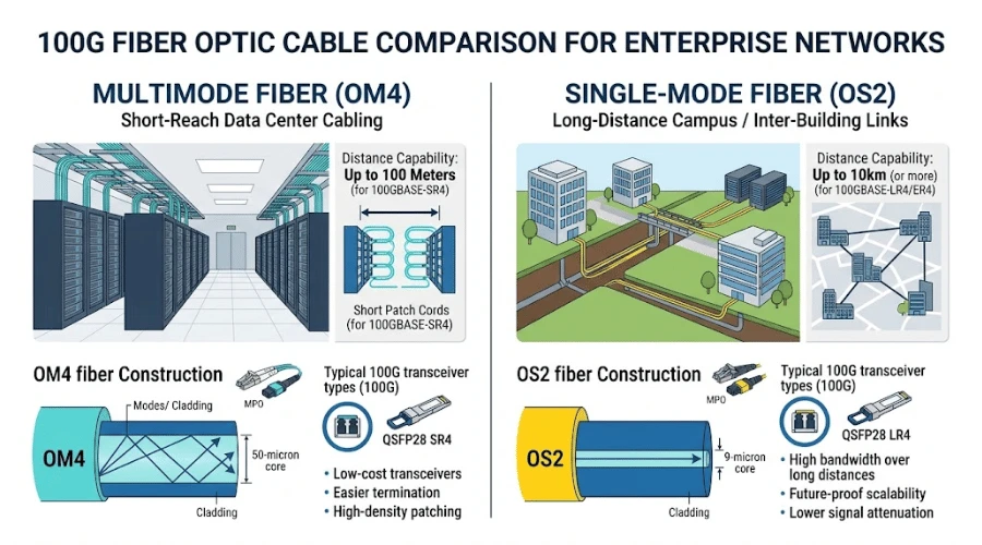 Components of a 100G fiber optic link including transceiver cable and connector Components of a 100G fiber optic link including transceiver cable and connector