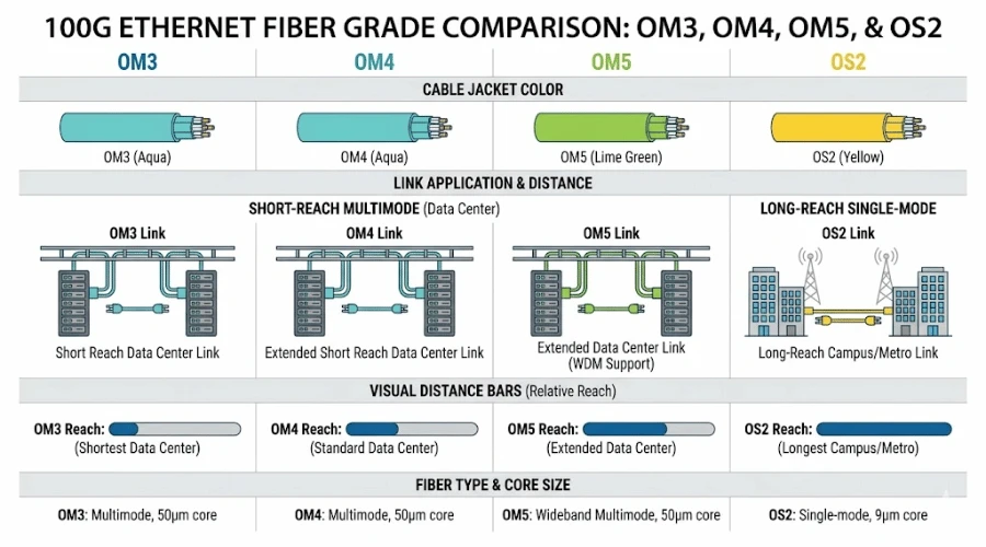 OM3 OM4 OM5 and OS2 fiber comparison for 100G Ethernet OM3 OM4 OM5 and OS2 fiber comparison for 100G Ethernet