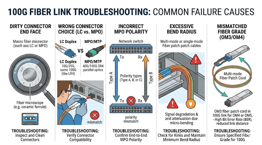 Common causes of 100G fiber optic link failures