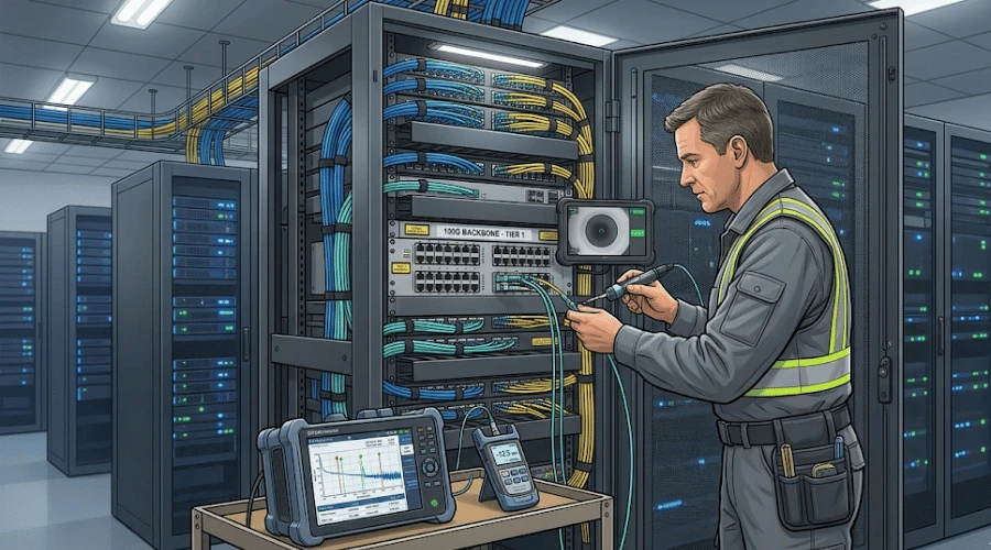 Technician testing a 100G fiber optic link with microscope power meter and OTDR Technician testing a 100G fiber optic link with microscope power meter and OTDR
