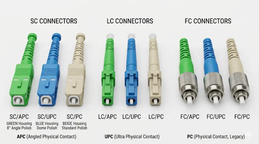 PC fiber optic connectors side by side, including SC, LC, and FC connector examples, clean white background, macro product rendering, green APC connector, blue UPC connector, beige legacy PC connector, B2B telecom style, no brand, no watermark, 16:9 APC UPC and PC fiber optic connectors comparison