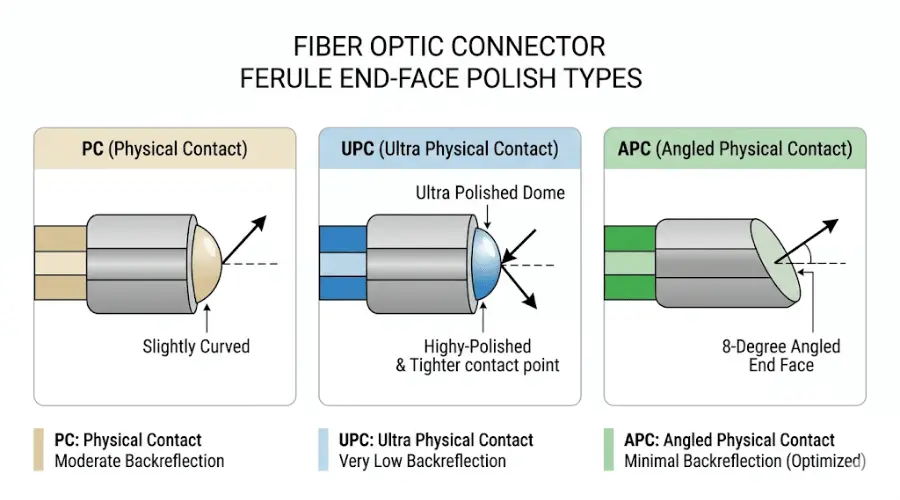 PC UPC and APC fiber connector ferrule end face polish diagram