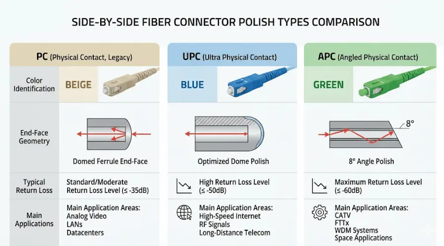 APC vs UPC vs PC fiber connector differences APC vs UPC vs PC fiber connector differences