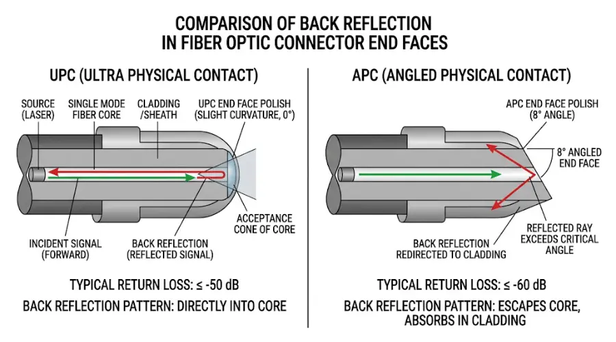 APC vs UPC return loss and back reflection diagram