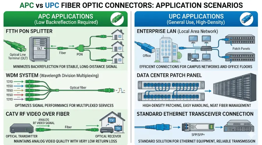 APC and UPC fiber connector application scenarios