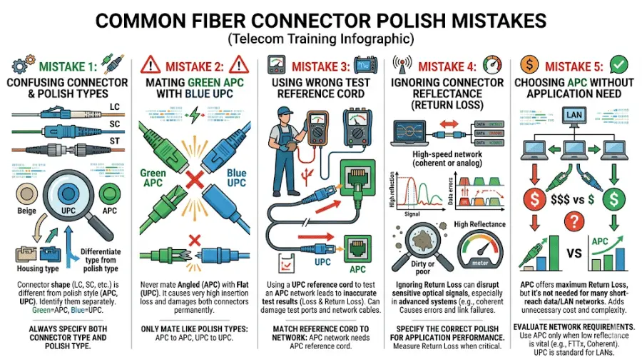 Common APC UPC and PC fiber connector mistakes to avoid