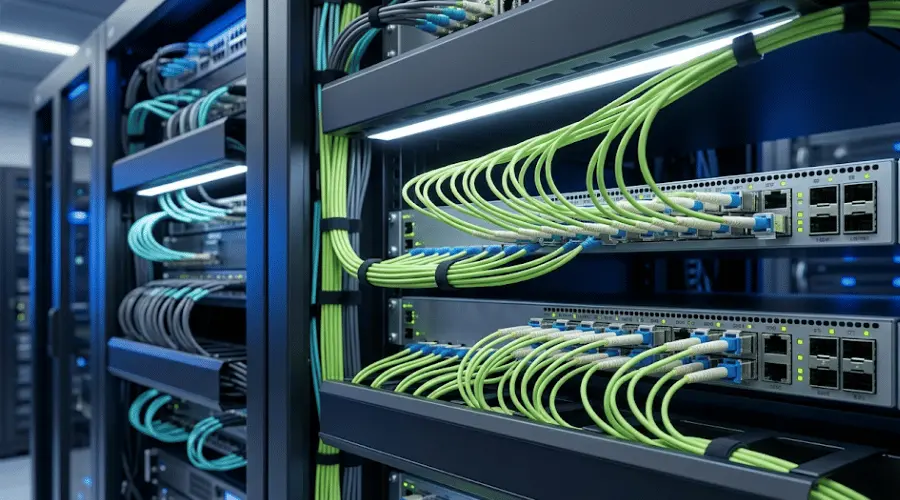 OM5 multimode fiber patch cords connected to high-speed data center switches with SWDM transceivers OM5 multimode fiber patch cords connected to high-speed data center switches with SWDM transceivers