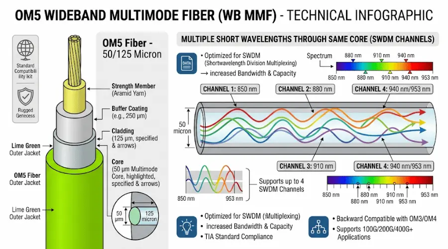 OM5 wideband multimode fiber showing 50/125 micron core and 850 to 953 nm wavelength range
