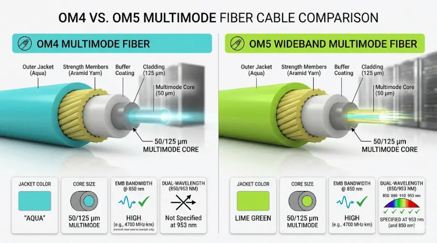 OM4 and OM5 multimode fiber comparison showing 850 nm similarity and OM5 953 nm wideband support