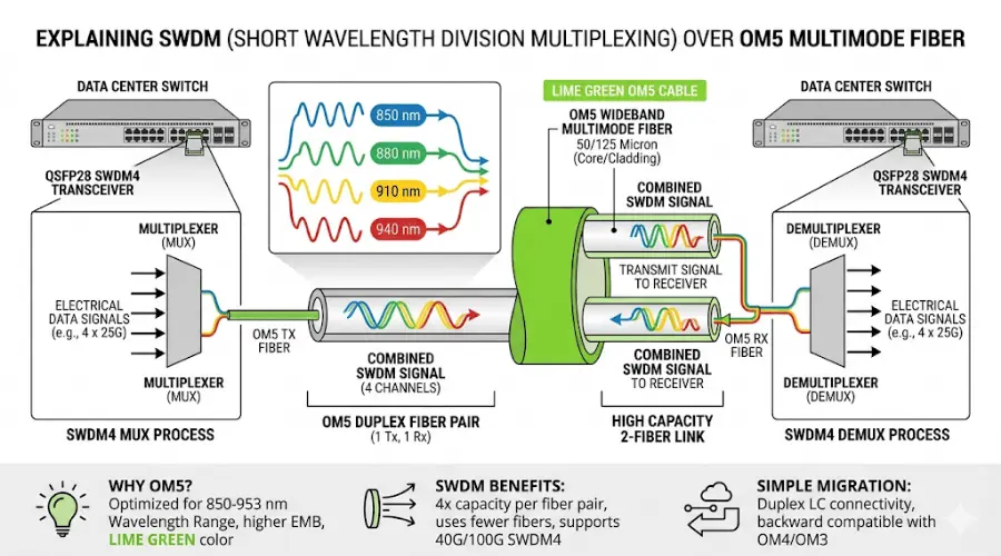 SWDM over OM5 fiber using 850 880 910 and 940 nm wavelengths on one duplex multimode link