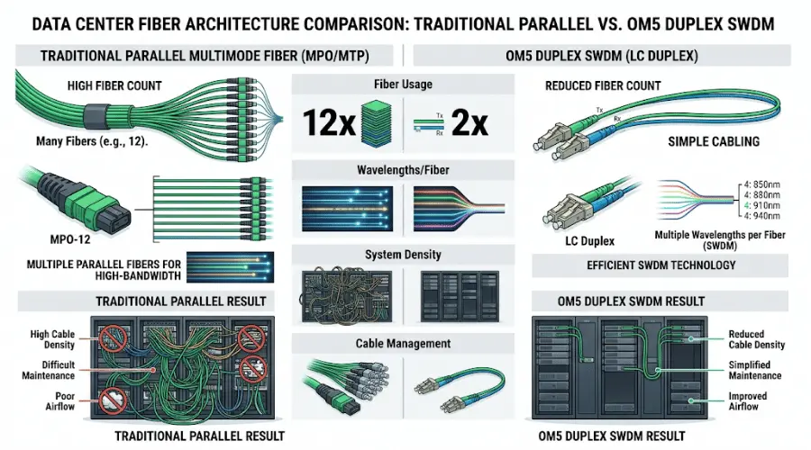 Comparison of parallel MPO fiber architecture and OM5 duplex SWDM link for reducing fiber count Comparison of parallel MPO fiber architecture and OM5 duplex SWDM link for reducing fiber count