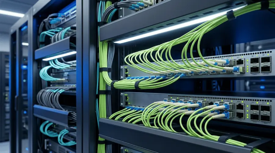OM5 fiber cabling architecture with MPO MTP backbone and LC duplex connections in a data center