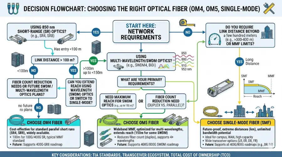 Decision flowchart for choosing OM4 OM5 or single-mode fiber based on optics distance and upgrade roadmap Decision flowchart for choosing OM4 OM5 or single-mode fiber based on optics distance and upgrade roadmap