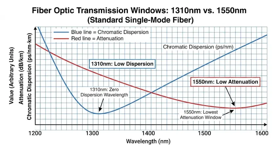 1310nm wavelength with low chromatic dispersion in single-mode fiber