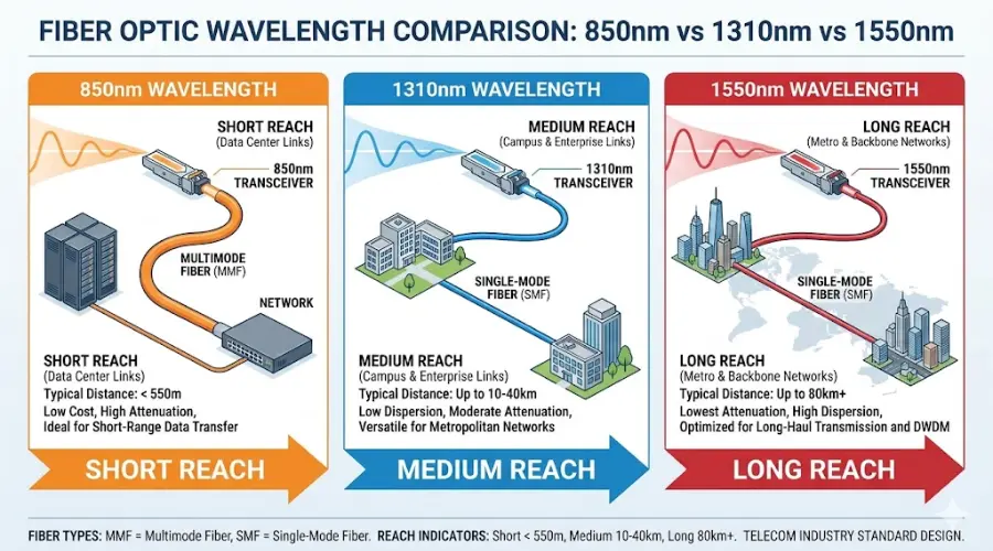 850nm vs 1310nm vs 1550nm fiber optic wavelength comparison 850nm vs 1310nm vs 1550nm fiber optic wavelength comparison