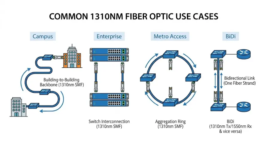 A network application illustration showing common 1310nm fiber optic use cases: campus building-to-building backbone, enterprise switch interconnection, metro access aggregation ring, and bidirectional BiDi link using one fiber strand. Use simple icons for buildings, switches, optical transceivers, and fiber routes. Add subtle labels: Campus, Enterprise, Metro Access, BiDi. Professional telecom network diagram style, clean vector design, no brand names