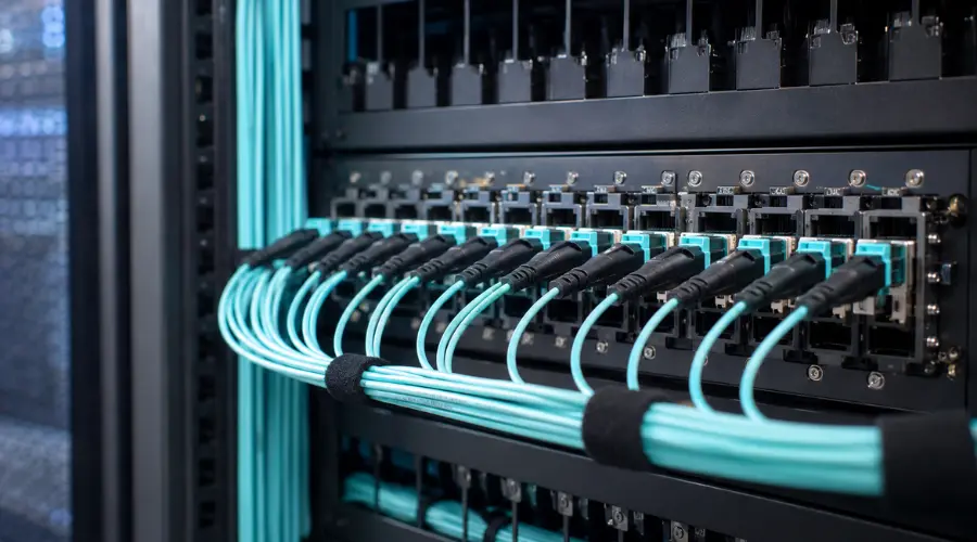 MPO-12 fiber cable connected to a high-density data center patch panel